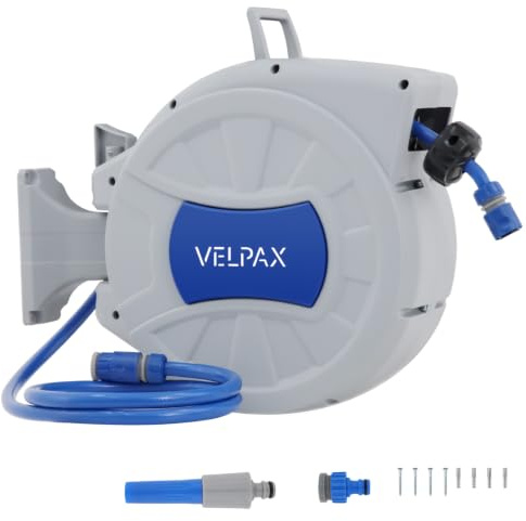 VELPAX Wand-Schlauchbox 30m,8 Arten der Bewässerung,flexible Bewässerung für mittelgroße Gärten,mit Wandhalterung,Systemteilen und 2 Spritze inkl Weiß