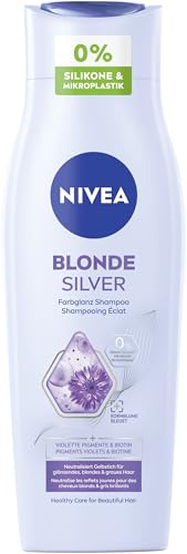 NIVEA Blonde Silver Farbglanz Shampoo, Silbershampoo frischt blondes, silbernes & graues Haar auf, pflegendes Haarshampoo mit violetten Farbpigmenten, Kornblume & Biotin (250ml)