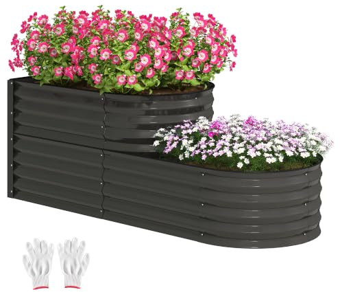 Outsunny 2-Tier Galvanised Raised Garden Bed, 150 x 60 x 57cm, Dark Grey | Outdoor Metal Planter Box, Open Bottom, Safety Edging, Gloves, for Vegetables, Flowers, Fruits and Herbs