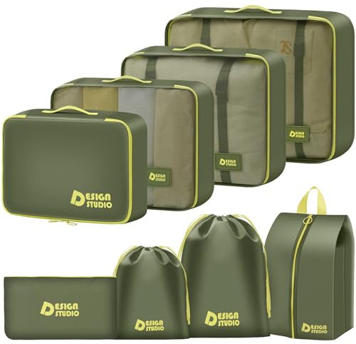 MOFELON Koffer Organizer Set- 8 Teilige, Packing Cubes, Suitcase Organizer, Travel Packtaschen für Koffer, Reise Organizer Set mit Kleidertaschen Schuhbeutel Wäschebeute, Reise Gadgets-Grüner