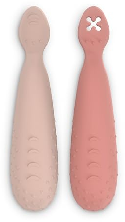 Suavinex, Confezione da 2 Cucchiai Pre-Apprendimento, in Silicone BLW, con Manico Antiscivolo e Punta Piatta Testurizzata, ergonomici, Simmetrica, Lavabili in Lavastoviglie, +6 Mesi, Rosa, 2 Unità