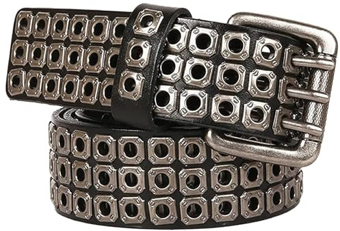 AGUTALITHIC 3 Reihen Grommet Nietengürtel 105-150cm Extra Länge Ledergürtel Für Herren Damen, Gothic Punk Rindsleder Gürtel Mit Hohl Nieten Löcher 3 Dornschließe 3.8cm Breit(150cm/59, Black)