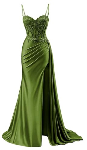 YIANN Robe de bal en satin avec col en V pour femme - Robe de soirée formelle sirène 2025 avec fente, vert olive, 34