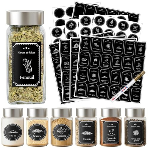 Joyoldelf 240 etiquetas de especias francesas negras: 120 rectangulares + 120 redondas, 48 etiquetas en blanco + marcador, etiqueta de especias, almacenamiento de especias, etiquetas adhesivas, botes