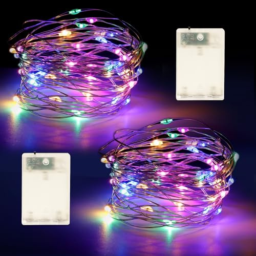 YPHSOL Fairy Lights Battery Operated String Lights 16.4ft 50LED Flashing and Constant Light Waterproof Silver Wire for Christmas DIY Party Wedding Decoration (Multicolor, 2 Pack)