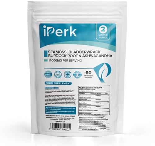 iPerk Sea Moss Complex: Bladderwrack, Burdock & Ashwagandha - 14,000mg High Potency Formula - 60 Vegan Capsules - UK Manufactured