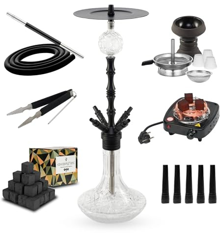 Cachimba Praedo Negra 72 cm 4 Personas con 1 kg Carbón, 100 Boquillas Negras y Hornillo 500W | Set Completo con Cazoleta de Piedra, Chimenea, Molasses Catcher, 1 Manguera, 1 Boquilla, Pinza