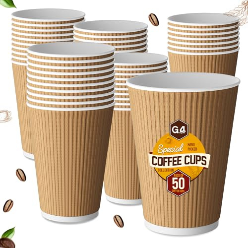 G4GADGET 12oz (340ml) Kraft Disposable Coffee Cups - 50 Pack - Extra Thick Ripple Paper Cups for Hot Drinks - No Lids - Premium Insulated Coffee Cups for Tea, Espresso, Takeaway, Office, Events