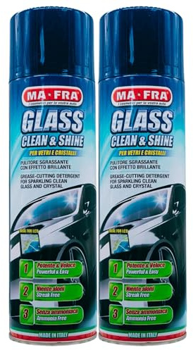 Pulitore Sgrassante Spray Glass CLEAN & SHINE Per Vetri e Cristalli Auto, Con Effetto Brillante. Potente e Veloce, Niente Aloni, Senza Ammoniaca 500ml (2 Spray)