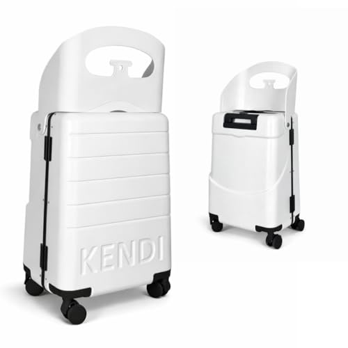 KENDI Ride On Suitcase with Seat Cabin Size Hand Luggage for Kids and Adults 360 Spinner Wheels Aluminium Frame Travel Carry On (White)