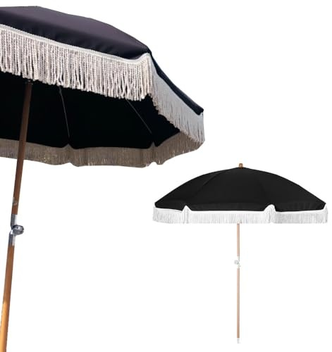 Parasol de terrasse extérieur de 2,4 m avec Franges, Parasol de Plage Noir, Pare-Soleil réglable, Protection UV, imperméable, auvent de 2,4 m avec 8 Baleines