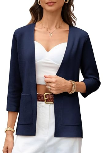 GRACE KARIN Women Elegant Cardigans Spring Soft Knit Long Sleeve Blazer Jacket with Pockets M Navy Blue