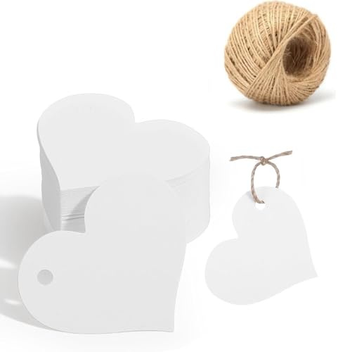 PLABBDPL 50x Bigliettini Bomboniere, Etichetta in Carta Kraft a Forma di Cuore e Spago da 10 M per l'Uso Come Souvenir di Nozze, Confezionamento di Regali, Realizzazione di Oggetti Artigianali(Bianco)