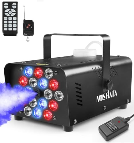 MOSFiATA Máquina de Humo 600W con 18 LEDs RGB, 13 Colores y 4 Efectos de Iluminación, con Mando a Distancia, para Fiestas, Halloween, Bodas y DJ