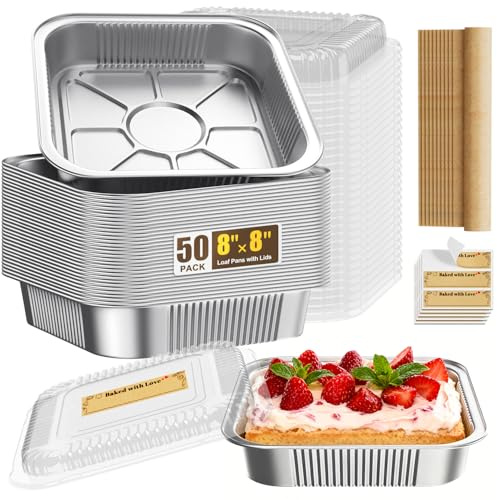Gyreuni 50 Pack Disposable Aluminum Foil Loaf Pans with Lids Stickers and Parchment Paper Sheets-8 X 8 X 1.6 Disposable Square Baking Cake Pans-Aluminum Foil Tins Portable Food Containers Kit