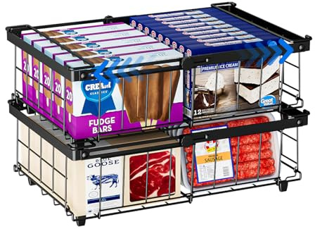 Vankarr 2 Piezas Organizador Congelador Cestas Apilables Para Congelador con Asa,Metal Organizador Arcon Congelador Apilable Extensible,(29-45.5x30.5x15cm) Negro