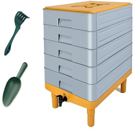 TOP XIAN 5-Etagen Wurmkomposter 100 Liter für Innen & Außen – Starter Set aus Kunststoff als Wurmkiste & Wurmfarm mit Auslaufhahn für Einsteiger, Grau