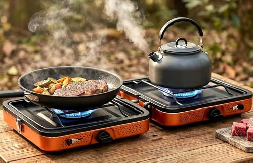 Fornello da campeggio portatile a 2 fuochi da 4400 W, potente fornello a gas per cucinare all'aperto, pieghevole con accensione, ideale per escursioni, picnic e viaggi