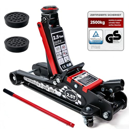 Warmfay Hydraulischer Wagenheber 2,5T, TÜV Geprüfter Profi Rangierwagenheber Flach 85–380mm Hubhöhe, Wagenheber Jack mit 360° Rollen & 2X Gummiauflagen, Ideal für SUV & Tiefergelegte Autos