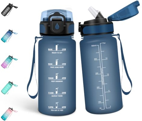 Mulbijeo Trinkflasche 500ml, BPA-Frei, Trinkflasche Kohlensäure Geeignet, Wasserflasche Auslaufsicher, Sportflasche mit Strohhalm, Wasserflasche Sport für Fahrrad, Dunkelblau
