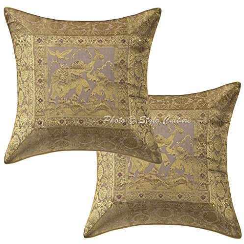 Stylo Culture Indio Fundas para Almohadones Decorativos 40x40 cm Brocado De Seda Elefante Fundas Cojines Sofa Crema 16x16 Inch Jacquard Cuadrado Cremallera Fundas Almohadones para Sillas - 2 Pcs