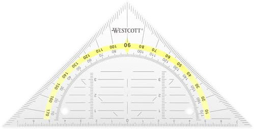 Westcott Geometriedreieck 14 cm abheftbar | Transparentes Geometrie-Dreieck aus Kunststoff mit gelber Skala | Technische Skala & Winkelmesser für Schule, Uni oder Büro | E-10139 00