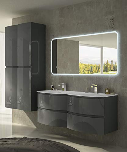 Mueble de baño Vague antracita, 138 cm, con espejo LED, doble lavabo y columnas