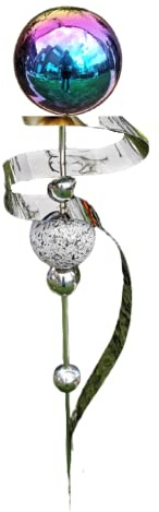 Jürgen Bocker Garten-Ambiente Gartenstecker Skulptur Saturn 160 cm aus Edelstahl poliert mit obere Kugel Edelstahl Rainbow poiert