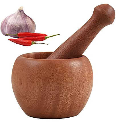 UPTALY Mortier et pilon en bois de sapelli naturel (petit, 9.5 cm), bol à ail en bois robuste, presse-purée à épices de cuisine, bol à guacamole et pilons, mortier de style japonais