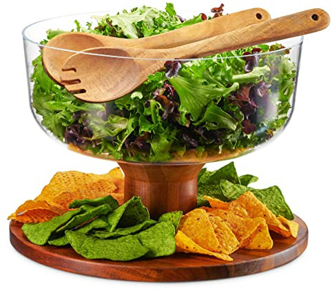 Godinger 2 in1 Salad Bowl and Cake Stand, Salad Bowl Serving Dish and Footed Cake Stand with Dome, Includes Wooden Salad Servers, Acacia Wood and BPA Free Acrylic Lid