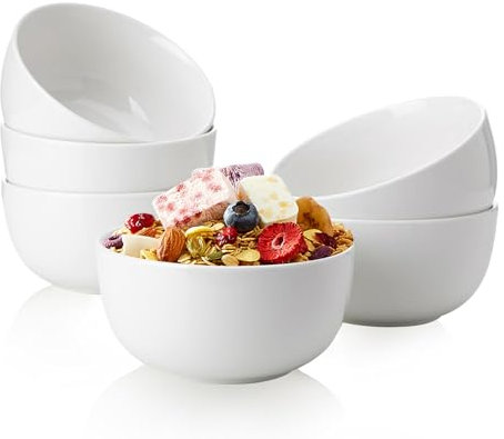 Sweese 10 Oz Porcelain Bowls Set of 6 - Versatile for Cereal, Soup, Salad, Pasta, Oatmeal - Microwave Dishwasher Safe, White