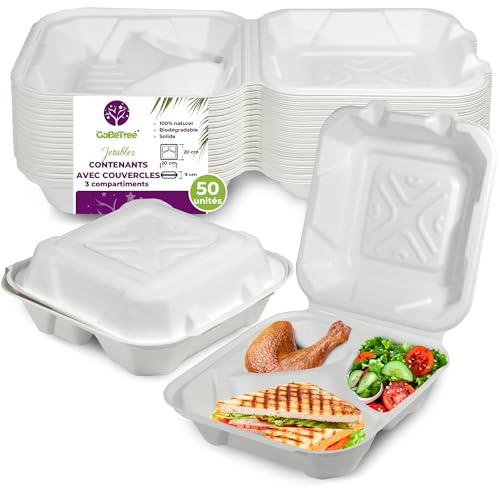 GoBeTree Lot 50 Boite Alimentaire Jetable Carton 3 Compartiments 20 cm | Barquette 3 compartiments canne à sucre avec couvercle, riz, viande et garniture séparés, résiste à la graisse, micro-ondes