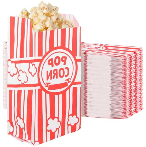 CHUENKUK 300 Stück Popcorntüten, Popcorn Tüten Klein, Popcorntüten im Vintage-Retro-Stil, Ölbeständige Beschichtung, Rot-Weiß Gestreift, 21 x 9 x 6 cm