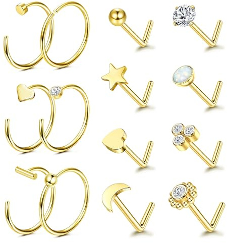 Adramata 20G Nasenpiercing Stecker 14 Karat Gold Piercing Nase Chirurgenstahl Nasenring L-förmiger Nasenstecker Nostril Piercing für Damen Herren CZ Hypoallergene Nasenpiercing Schmuck (14 Stück),GC