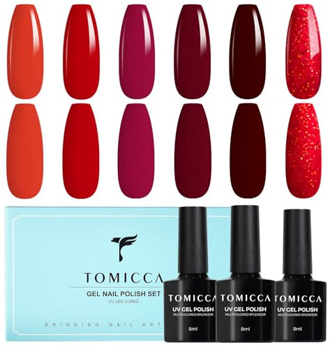 TOMICCA Vernis Semi Permanent Rouge et Rouge Pailleté Kit, 6 Couleurs Vernis Gel UV Semi Permanent Kit, Vernis à Ongles Gel Nail Polish UV LED Soak Off Manucure Nail Art Kit, 8ML