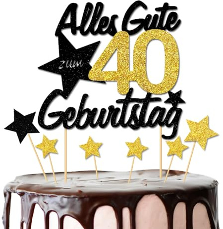 Torten Deko 40 Jahre – Alles Gute zum 40. – Happy 40th Birthday Cake Topper – Kuchendeko Gold Schwarz für Mädchen & Jungen – Deko für 40. Feier