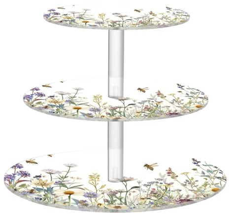 Blueangle 3-Tier Round Cupcake Stand – Herbs and Wild Flowers Acrylic Dessert Tower, Non-Slip Tiered Dessert Stand for Baby Shower, Birthday, Wedding Party （453）