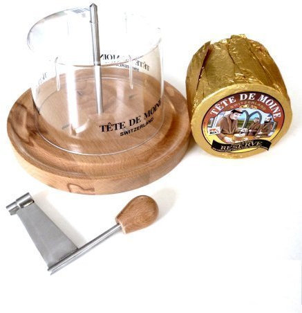 Komplett Set Käsehobel Tete de Moine Reserve gereift ganzer Laib Haube