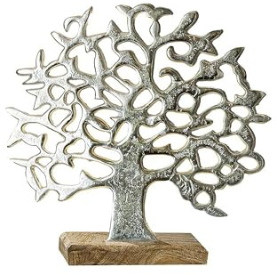 Gilde Aluminium Lebensbaum auf Holzbasis Silber Mango 37 cm G48183