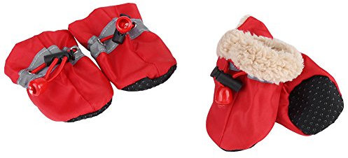 Fdit 4Pcs Hund Schuhe Protektoren mit elastischen Befestigung Band Set Anti-Rutsch-Sohle Haustier Hund Schuhe Stiefel wasserdichte weiche Baumwolle gepolstert(#3-red)
