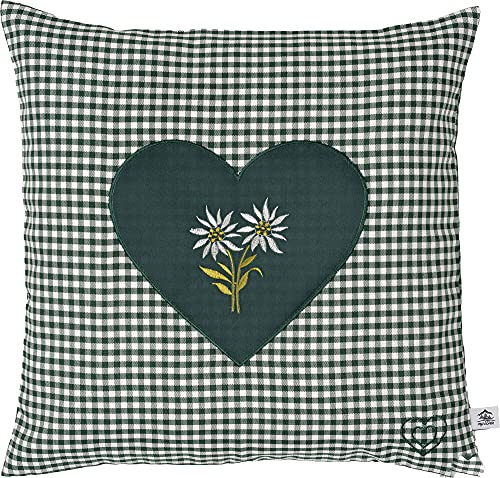 myZirbe Zirbenkissen Bestickt mit Herz und Edelweiss grün karriert Größe 40x40 cm befüllt mit Zirbenflocken aus Zirbenholz