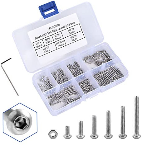 SPDYCESS 230 Stück M2 Schrauben Set mit Muttern, Zylinderkopf Innensechskant Schrauben Sortiment, Edelstahl Gewindeschrauben mit Schraubenschlüssel für DIY-Projekte