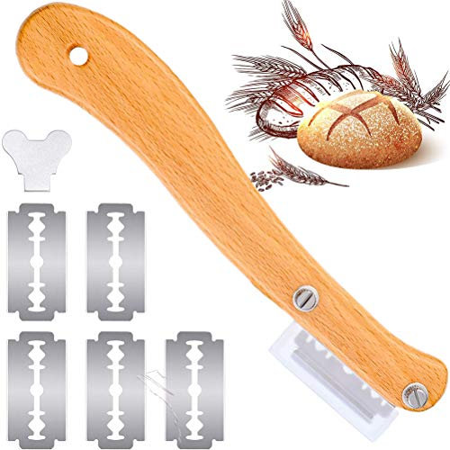 Cuchillo de panadero, pan cojo con mango de madera, herramienta para cortar pan, cortador de pasteles con funda de plástico, 5 cuchillas