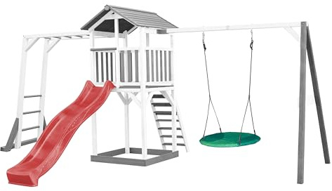 AXI Beach Tower Wooden Play Tower in Grey and White | Play tower with Sandpit, climbing frame, nesting swing and red slide | Play house on stilts for the garden