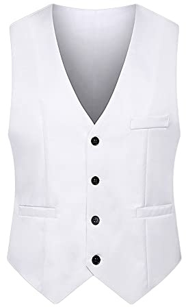 YAOTT Herren Elegantes Retro Weste Anzugweste Slim Fit V-Ausschnitt Ärmellose Mit 4 Knöpfen Gilet Business Casual Klassisch Basic Anzugweste Mit Taschen,Weiß,XL