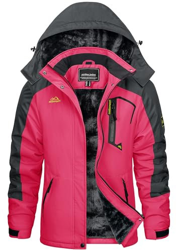 KEFITEVD Damen Skijacke Warm Gefüttert Wasserabweisend Winterparka Multi-Taschen Angeln Mountainbike zum Skifahren Snowboarden Gefüttert Allwetterjacke Rosenrot M