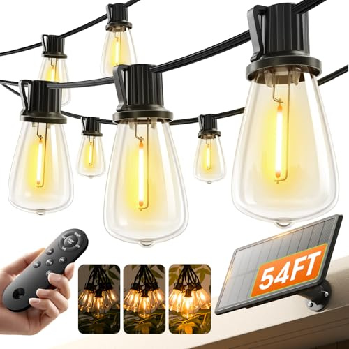 KYY 54FT Solar String Lights Outdoor Waterproof with USB Charging & Remote, Dimmable & Timable, Solar Powered Patio Lights with LED Shatterproof Bulbs for Deck Backyard Porch Garden Camping