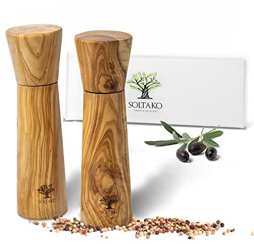 SOLTAKO Olivenholz Salz- und Pfeffermühlen 2er Set La Molina, Pfeffer und Salzmühle aus Oliven Holz