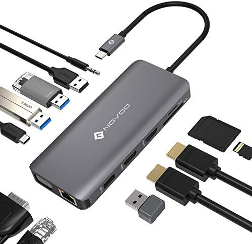 NOVOO USB C Docking Station, 12 en 1 USB C Hub Triple Display, Dual 4K HDMI, 4 Puertos USB, RJ 45 Gigabit Ethernet, Lector de Tarjetas SD/TF, VGA, 100W PD, Conector de Audio de 3,5 mm, para MacBook