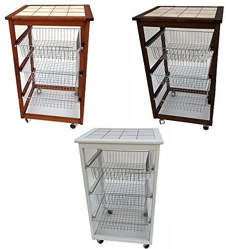 Carrello Cucina in Legno per Porta Frutta Verdura 3 cestini Acciaio e ripiano mattonelle con 4 Ruote per spostamenti casa-ciliegio